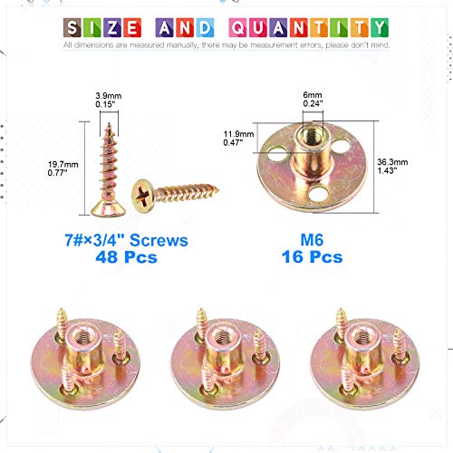 Glarks 64Pcs M6(1/4'') Brad Hole Tee Nut with Mounting Screws Set Zinc Plated Carbon Steel 3-Hole T-Nuts Furniture Hardware Flange Insert Female Thread for Wood Furniture - size: 1/4''(M6) - 64Pcs