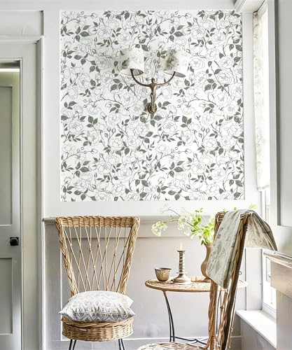 16.9in x118in Rose Floral Peel and Stick Wallpaper Gray Green Wallpaper - color: Gray Green Rose