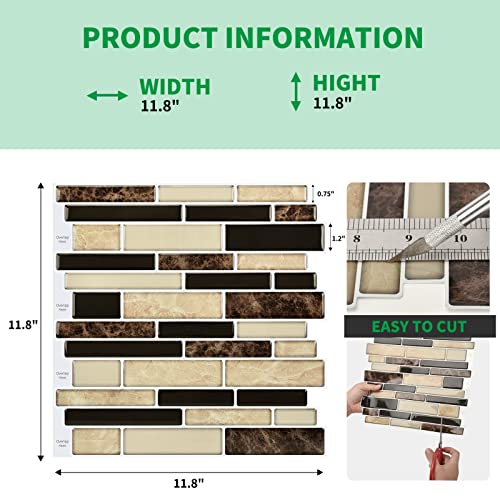 LONGKING 10-Sheet Brown Peel and Stick Backsplash Tile for Kitchen, Vinyl 3D Self-Adhesive Tile Stickers for Kitchen, Bathroom, Counter Top - color: Tan