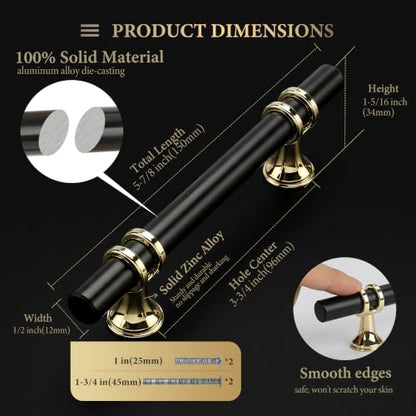 Haliwu 10 Pack 3-3/4 Inch Black and Gold Cabinet Handles - color: Black&Gold, size: 3-3/4 inch (96mm) hole spacing