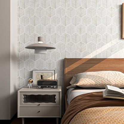 MelunMer Geometric Peel and Stick Wallpaper Boho Beige White 17.3''×591'' - color: Beige, size: 591"×17.3" (70.95 sq.ft)