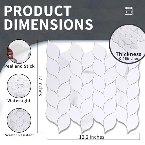 Tilingview 10-Sheet Peel and Stick Backsplash Tile for Kitchen, Self-Adhesive Mosaic Glossy Leaf Stick on Wall Tile with Gaps (Calacatta White) - color: Leaf Gaps Calacatta White