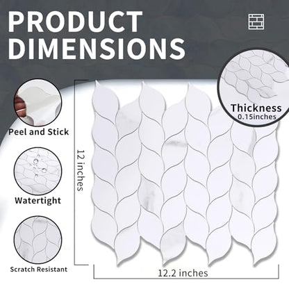 Tilingview 10-Sheet Peel and Stick Backsplash Tile for Kitchen, Self-Adhesive Mosaic Glossy Leaf Stick on Wall Tile with Gaps (Calacatta White) - color: Leaf Gaps Calacatta White