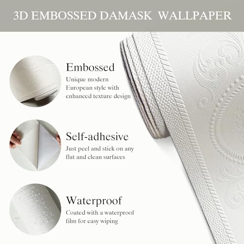 JiffDiff White 3D Embossed Textured Peel Stick Wallpaper 17.3"x800" - color: White, size: 17.3" x 800"