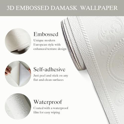 JiffDiff White 3D Embossed Textured Peel Stick Wallpaper 17.3"x120" - color: White, size: 17.3" x 120"