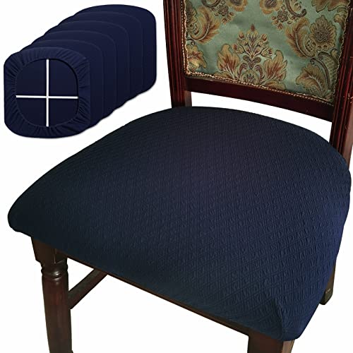 BUYUE Dining Room Chair Seat Covers Set of 6, TPU not Mixed, Friendly Jacquard Fabric Stretch Washable Slipcover for Kitchen Seat Cushions, Navy Blue-6PCS - color: Navy Blue, size: 6pcs