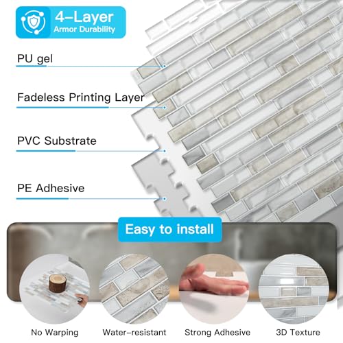 Art3d Linear Design Tile Peel and Stick Backsplash, 10-Sheet, Beige & White - color: Beige & White, size: 12 x 12 Inch