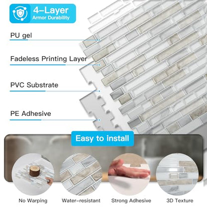 Art3d Linear Design Tile Peel and Stick Backsplash, 10-Sheet, Beige & White - color: Beige & White, size: 12 x 12 Inch