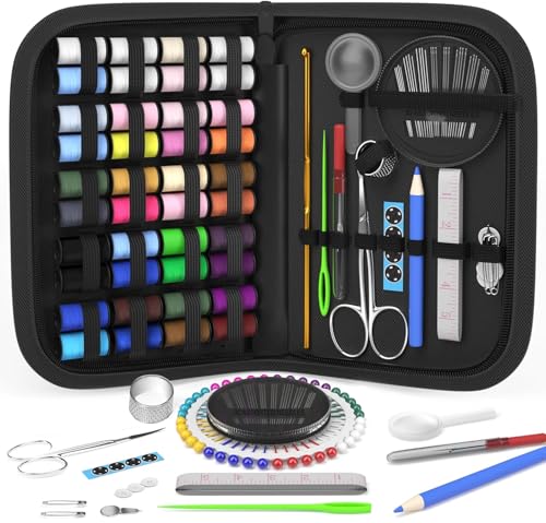 MIXCOOL Sewing Kit for Adults, Beginners, Needle and Thread Kit, Portable Sewing Supplies, Contains Thread, Scissor, Needles, Measuring Tape - color: balck, size: L