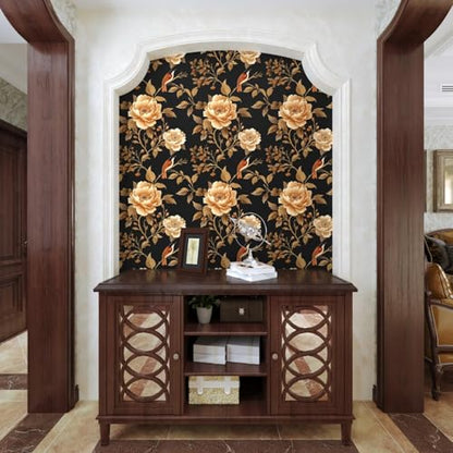 Laatse Dark Floral Bird Wallpaper Peel and Stick 17.5"x 393",Black/Golden - color: Black and Gold Bird, size: 17.5" x 393"