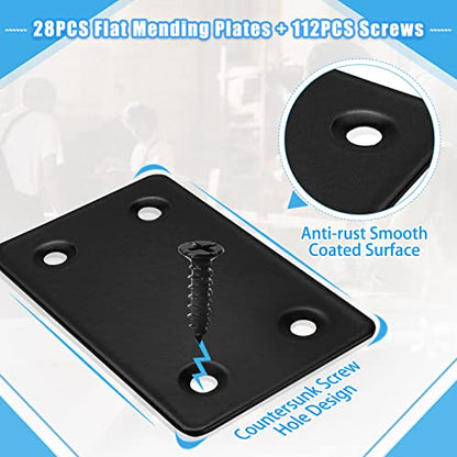28PCS Flat Mending Plates for Wood + 112PCS Screws, Stainless Steel Corner Brace Black Flat Metal Plate for Shelves, Heavy Duty Straight Bracket for Raised Bed Frame - size: 28PCS, style: Flat Brackets