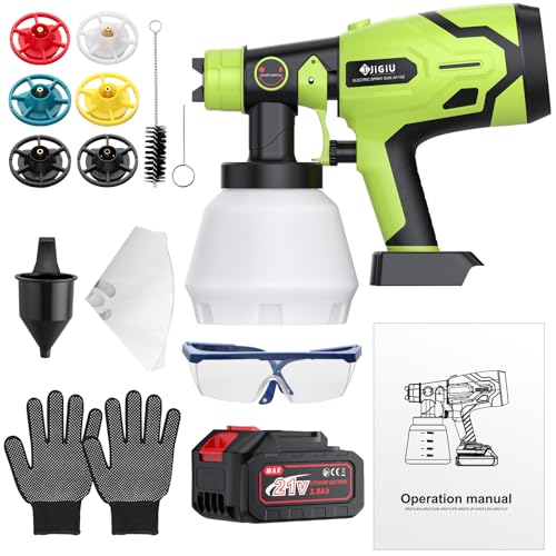 Cordless Paint Sprayer HVLP Spray Gun with 21V Battery – 300W Electric Paint Gun, 1000ml Tank, 6 Nozzles & 3 Spray Patterns for Cabinets, Walls, Ceilings, Furniture