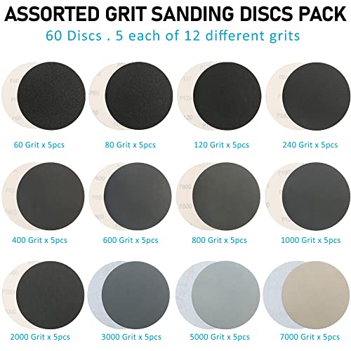LotFancy 6 Inch Sanding Disc Set, 60PCS, 60 to 7000 Grit, Silicon Carbide - style: 60PCS Discs with 2 Accessories