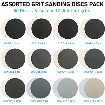 LotFancy 6 Inch Sanding Disc Set, 60PCS, 60 to 7000 Grit, Silicon Carbide - style: 60PCS Discs with 2 Accessories