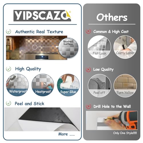 Yipscazo 10 Sheet Peel and Stick Backsplash Mosaic Tiles Stainless Steel Metal Look Kitchen Backsplash Stick on Tiles for Stove, Bathroom, Laundry in Silver (11.8'' x 11.8'') - color: Square Sheet
