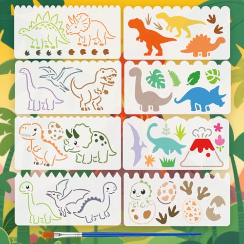 FINGERINSPIRE 8PCS Cute Dinosaur Painting Stencil with Paint Brush 4.7x9.4inch Dinosaur Silhouette Drawing Template Egg Paw Print Plant Volcano Stencil Animal Theme Template for Floor Decoration - style: Cute Dinosaur