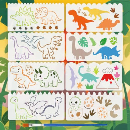 FINGERINSPIRE 8PCS Cute Dinosaur Painting Stencil with Paint Brush 4.7x9.4inch Dinosaur Silhouette Drawing Template Egg Paw Print Plant Volcano Stencil Animal Theme Template for Floor Decoration - style: Cute Dinosaur