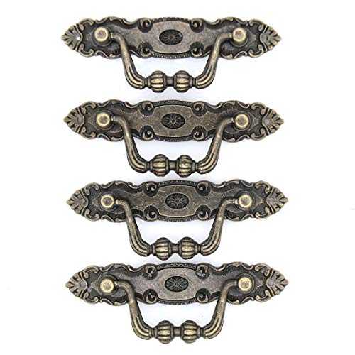4 PCs Vintage Antique Brass Bail Pull - Drop Pull Handle for Drawer Cabinet Dresser Cupboard, Length 4.1-in (10.5 cm) and Height 1.4-in (3.6 cm)