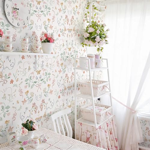 Peel and Stick Wallpaper for Nursery White Cute Bow Leaf Waterproof - color: White, size: 17.3" x 196"
