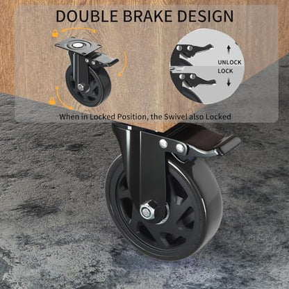 6 Inch Caster Wheels Heavy Duty Casters Set of 4 with Brake - color: Black, size: 6 Inch