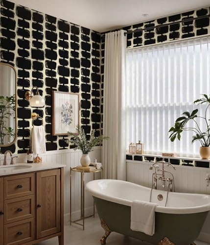Safiyya 17.3"x393" Peel and Stick Wallpaper Black and Cream White Contact Paper Mid Century Modern Abstract Geometric Wall Paper Self Adhesive Removable Wallpaper for Bathroom and Bedroom Vinyl - color: Black and Cream White, size: 17.3" x 393"