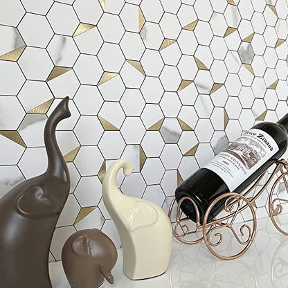 DICOFUN 1 Hexagon Tile Peel and Stick Backsplash, White Marble Look PVC Mixed Golden Metal Mosaic Tiles - color: Marble White + Gold Metal Chip, size: 1 Sheet, 12''x12''x0.12''