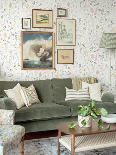 Dimoon 236"x16.1" Floral Peel and Stick Wallpaper Beige Contact Paper Thicken Wallpaper Delicate Flower Waterproof Green Leaf White Self Adhesive Removable Wall Paper Shelf Liner Decal Vinyl Roll - color: Beige-Smooth, size: 16.1" x 236"