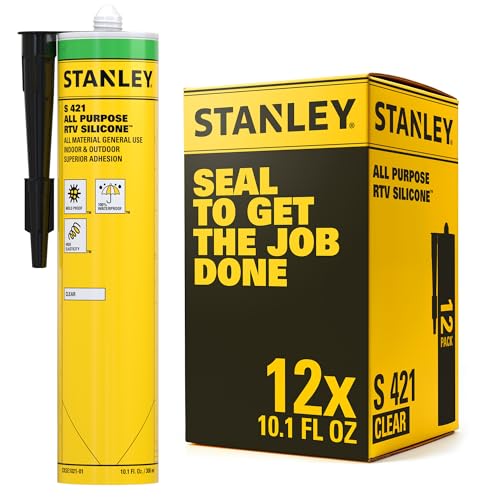 Stanley S421 RTV Silicone Caulk Clear (12 x 10.1 fl.oz.) - 100% Waterproof Industrial-Grade Silicone for Kitchen, Bathroom, Shower, Window, Door, Indoor & Outdoor Use - size: 12 Pack