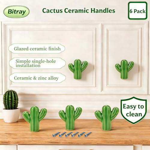 Bitray 6 PCS Green Cactus Ceramic Drawer Pulls Cabinet Knobs for Dresser