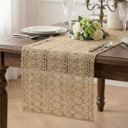 Burlap Boho Table Runner Macrame Brown 72in Farmhouse Woven Runner - color: Brown, size: 12'' x 72''