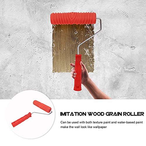 DOITOOL 7 Inch Wood Grain Paint Roller with Red Handle Knurled Mold Textured Wall Decoration Painting Roller for DIY Home Improvement