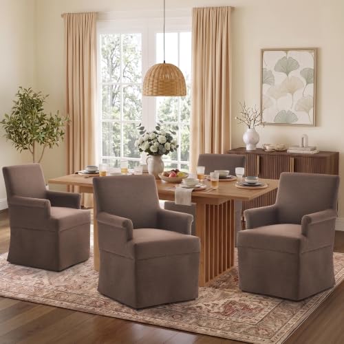 Arm Dining Chair Fabric Long Skirt Slipcovered High Back Upholstered Dinner - color: Brown, size: 4 PCS