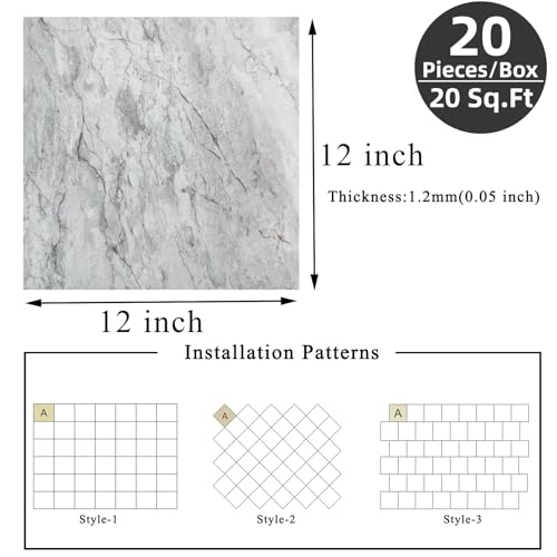 Peel and Stick Floor Tile 12 x 12 Inch Self Adhesive Marble Vinyl Flooring - color: Light Grey Marble