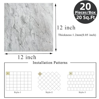 Peel and Stick Floor Tile 12 x 12 Inch Self Adhesive Marble Vinyl Flooring - color: Light Grey Marble