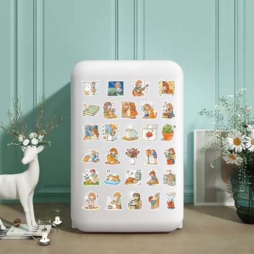 50PCS Cozy Cat Girl Stickers, Waterproof Vinyl Watercolor Aesthetic Decals for Scrapbooking, Journaling, Water Bottles, Laptops, Envelopes, Cup, Suitcase, Cute Home & Cat Lover Stickers for Girls - color: Cozy Cat Girl -6