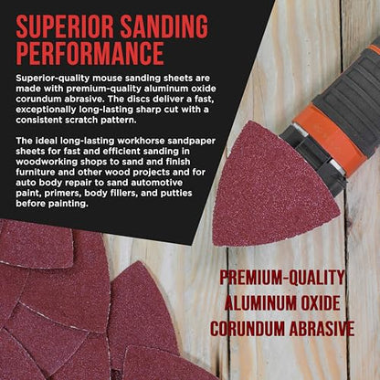 ProductionShop Premium 150 Grit Triangle Mouse Detail Sander Sandpaper Sheets, Box of 45 - Hook & Loop, Triangular Shaped Mouse Disc Pads - Oscillating Multi-Tools - Woodworking, Sand Furniture Paint - style: 150 Grit
