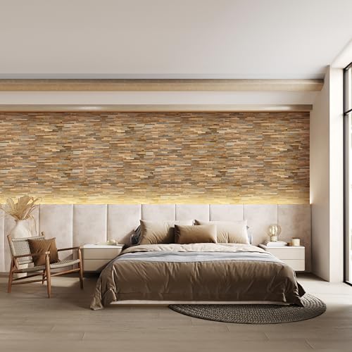 Bare Decor EZ-Wall Mosaic 3D Pattern with Stone Accents Tile in Solid Teak Wood Natural Finish, Set of 10 - size: 10 Sq Ft W/Stone