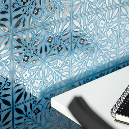 Main Street Peel and Stick Wallpaper Tiles, Blue & Silver Leaves, 24-Pack - style: Blue and Silver Leaves