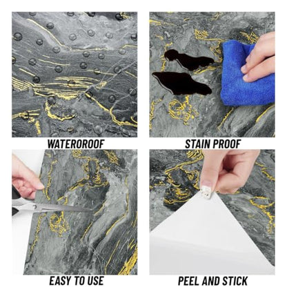 Decotalk Countertop Contact Paper Marble Grey Gold Liquid Marble Contact Paper for Kitchen Countertops Peel and Stick Waterproof Glossy Countertop Vinyl Wrap 12x200 Inch Grey Wallpaper for Bathroom - size: 12" x 200"