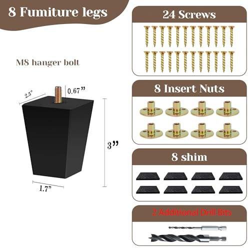 Sofa Legs Square Bed Feet 3 inch Wood Replacement Leg for Furniture Set of 8,Black (3”, 8set) - color: 8set, size: 3”