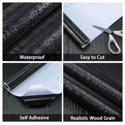Black Wood Grain Peel and Stick Wallpaper Waterproof Thick Vinyl Contact Paper Removable Self Adhesive Wallpaper for Cabinets Countertops Furniture Shelves Walls Easy to Clean 17.7" × 118" - color: Black, size: 17.7" x 118"
