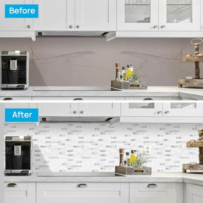 Peel and Stick Backsplash Tile, Stick on White Marble Look Mosaic Wall Tile - color: Marble White