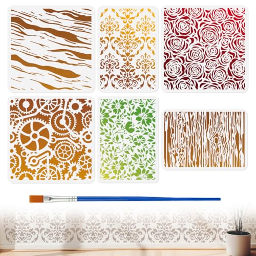 6Pcs Texture Stencils for Painting, Damask Floral Reusable Stencil Drawing Templates with Brushes, Rose Gear VineDIY Craft Paint Templates for Wall Home Decor Wood Burning Floor Tile - style: Texture
