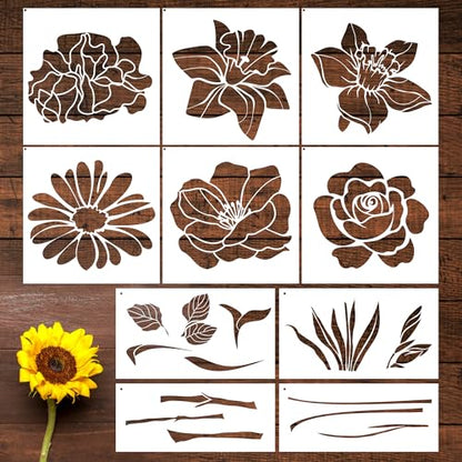 Sitsink Large Flower Stencils for Painting - 10 Pcs, Reusable Templates for Wall, Wood, Furniture & More - style: rose