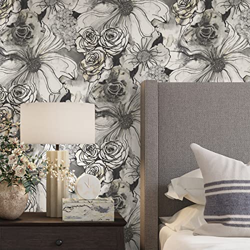Harry & Grace Ink Rose Abstract Floral Peel and Stick Wallpaper (Onyx) - color: Onyx