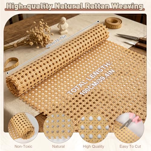 Reaeng Rattan Repair Kit for Chair Caning, Complete Furniture Restoration Kit with 15.7 x 39.4 Inch Cane Webbing Roll, Spline, 2 Caning Chisels and 8 Wooden Wedges - color: Style A