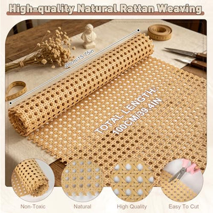 Reaeng Rattan Repair Kit for Chair Caning, Complete Furniture Restoration Kit with 15.7 x 39.4 Inch Cane Webbing Roll, Spline, 2 Caning Chisels and 8 Wooden Wedges - color: Style A