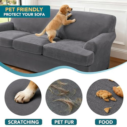 Turquoize Sofa Cover 3 Piece T Cushion Loveseat Covers for 2 Cushion Couch Thick Velvet Couch Cover Stretch Furniture Covers with 2 Individual T Cushion Covers, Washable (2 Cushion Loveseat, Gray) - color: Grey, size: Loveseat (2 Cushion)
