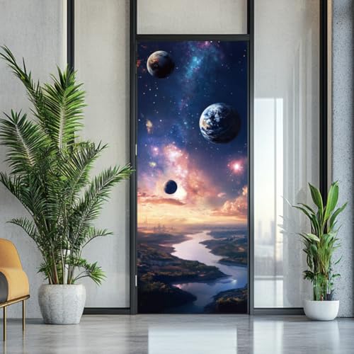 arricraft 2 Sheets Planet Self-Adhesive Door Sticker, 31.5x78.7inch Milky Way Starry Sky Door Murals Stickers PVC Removable Wallpaper Decoration for Bedrooms Living Room - style: Planet