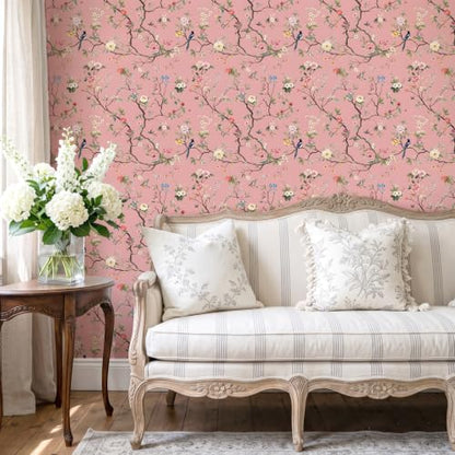 CHIHUT Blush Pink Chinoiserie Wallpaper Floral Bird Contact Paper - color: Blush Pink, size: 17.7" x 100"